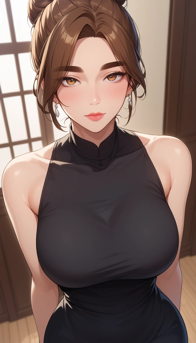 (masterpiece, best_quality:1.2), 1girl, solo, Webtoon Character) Aunt June [Jung Eun-ea] / 정은애 (Secret Class / 비밀수업), brown hair, mature female, short hair, single hair bun, (thick eyebrows:0.7), (black dress, sleeveless, long dress, pencil dress), large breast, wide hips, beautiful eyes, female focus, looking at viewer, close mouth, ((above view)) ((close up shot)) ((solo)), detailed, very high resolution, no blurry image, standing, beautiful, serene expression, intricate details, detailed background, indoors:1.3