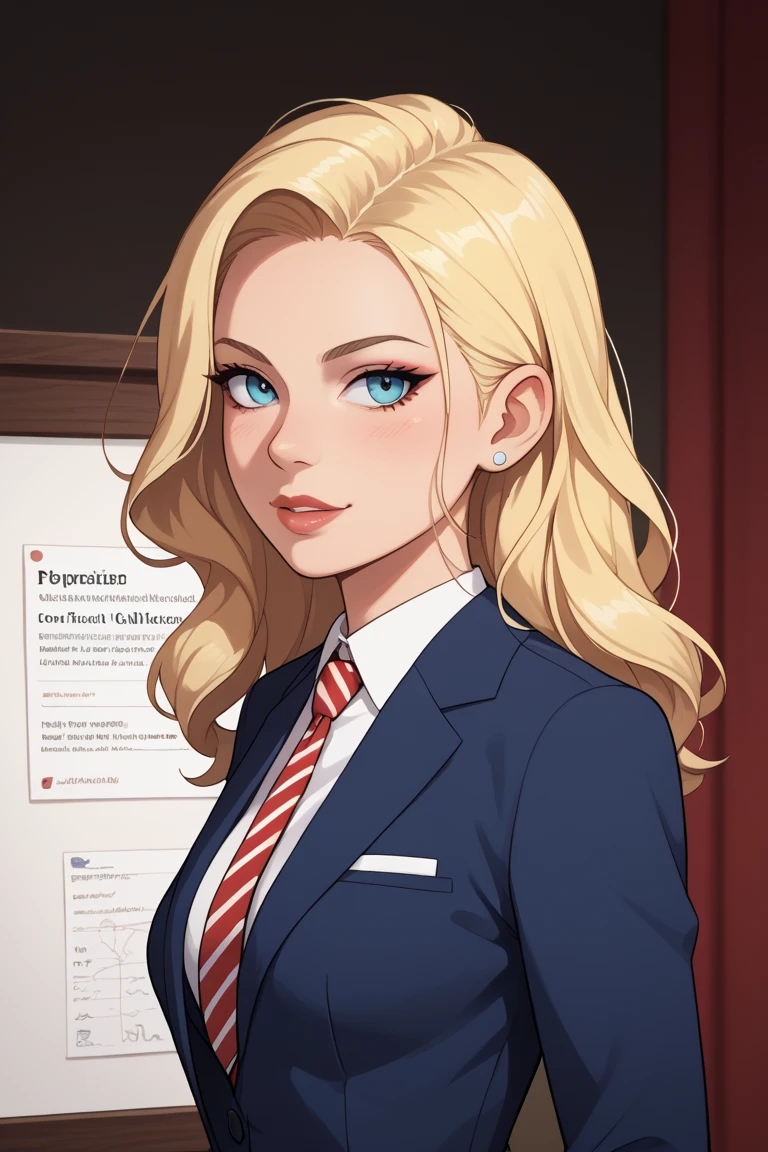 (masterpiece, highres, high resolution:1.2) a beautiful devil girl president of the united states in a suit with a great cleavage ,giving a speech at the altar in front of the american nation , anime 30 yo girl, portrait, illustration, drawn, blonde hair, solo, big tits, perfect body