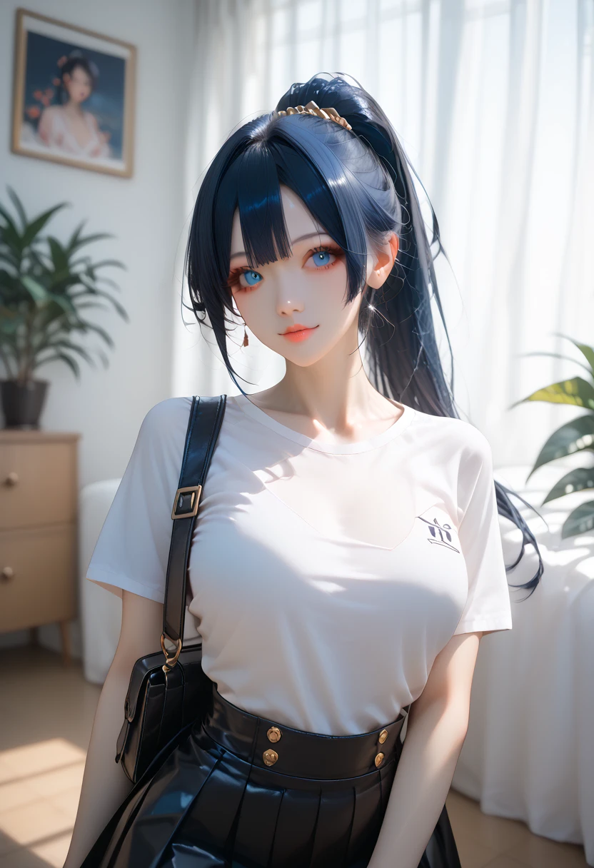 top-quality、Top image quality、​masterpiece、girl with((cute little、18year old、Best Bust、Medium bust、Bust 85,Beautiful blue eyes、Breasts wide open,Ponytail with black hair、A slender、Blue hair mesh、Beautiful white t-shirt、Beautiful black short skirt、piece sign、turned around)）hiquality、Beautiful Art、Background with((Large White Room、White curtains、White lighting)),masutepiece、Elaborate design、visualart、depth of fields、The best lighting、highestdetailed、8ｋ