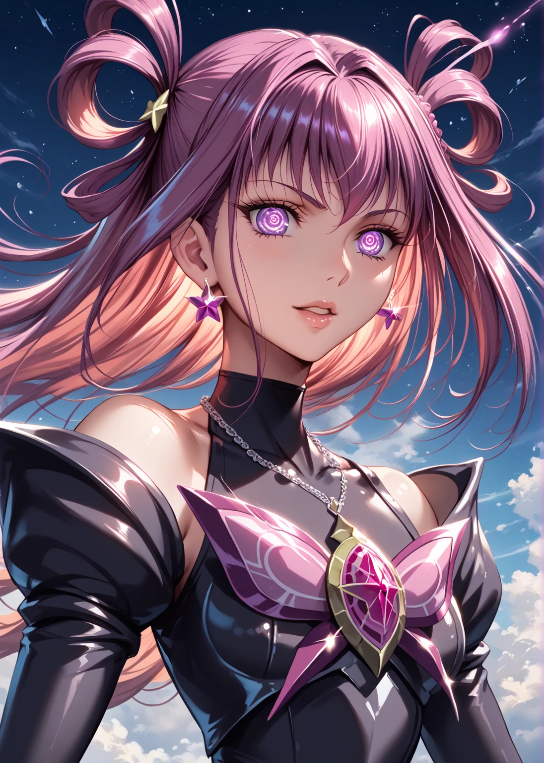 (Mind control), ( hypnotic state , ringed eyes, Lavender eyes), Detailed portrait of a young woman in a jet black dress, close-up,  Complex Fantasy Art ,  breathtaking character art ,  top quality art station fan art,  grand and intricate character art , Beautiful Armor,  high definition art gem ,  Detailed Digital Anime Art, high leg leotard dress, (Mature Pretty Cure All Stars, Dark Dream ), Six-headed, Strong Curse Pendant, ( randomly change action poses due to curses),  cowboy shot, 