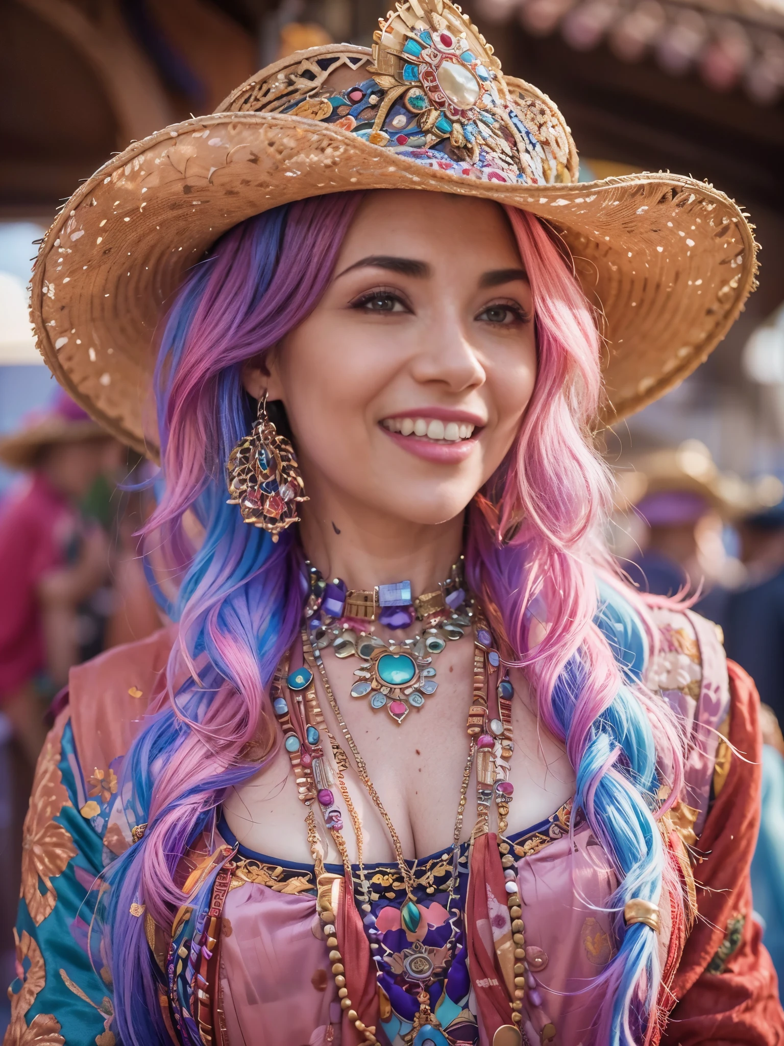 Close-up of a woman with colorful hair and necklace, fantasy palace, cowboy shot, masterpiece, 8k, best quality, cute smile, tara.tainton