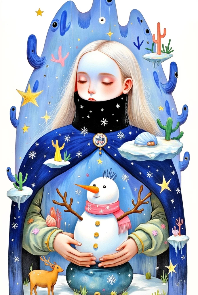  young woman in hot suit,   with eyes closed  ,  snowflake,   holding a snowman in both hands ,  女巫的ice帽 ,   reindeer next to it  ,  装有ice雪的女巫大锅 ,  jewelry , ice, lots of  snowflake ,   long hair , Write ,  White hair,painting \(medium\),  blue robe with  snowflake , signature , simple background,one, one颗星  \(Sky\), one颗星  \(symbol\),  traditional media  ,watercolor \(medium\),    winter snow background   