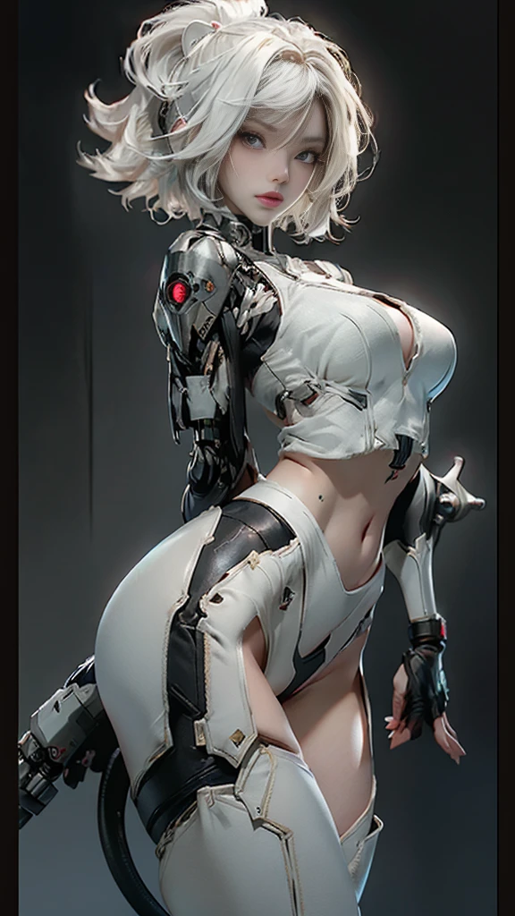 The face of a very cute human  girl in Cyberpunk City, Human torso,, Human abdomen, Human waist,  robot arm,  mechanical leg,  arms and legs have hard white shiny shells and black joints , Very beautiful and feminine , big butt , cleavage exposed ,  flat stomach display ,   black spherical joint ,  very stylish,  award-winning product design , shiny white metal breastplate opens in cleavage and abdomen ,  white metal buttocks are wrinkled , The armor is stylish, Illuminated trim、short bob haircut, medium breasts, messy hair,  sexy expression, tight fitting clothes, daring pose, detailed embroidery, midriff exposed,  (best quality), (ultra-detailed), (best illustration), (best shadow), ((High leg thong)),