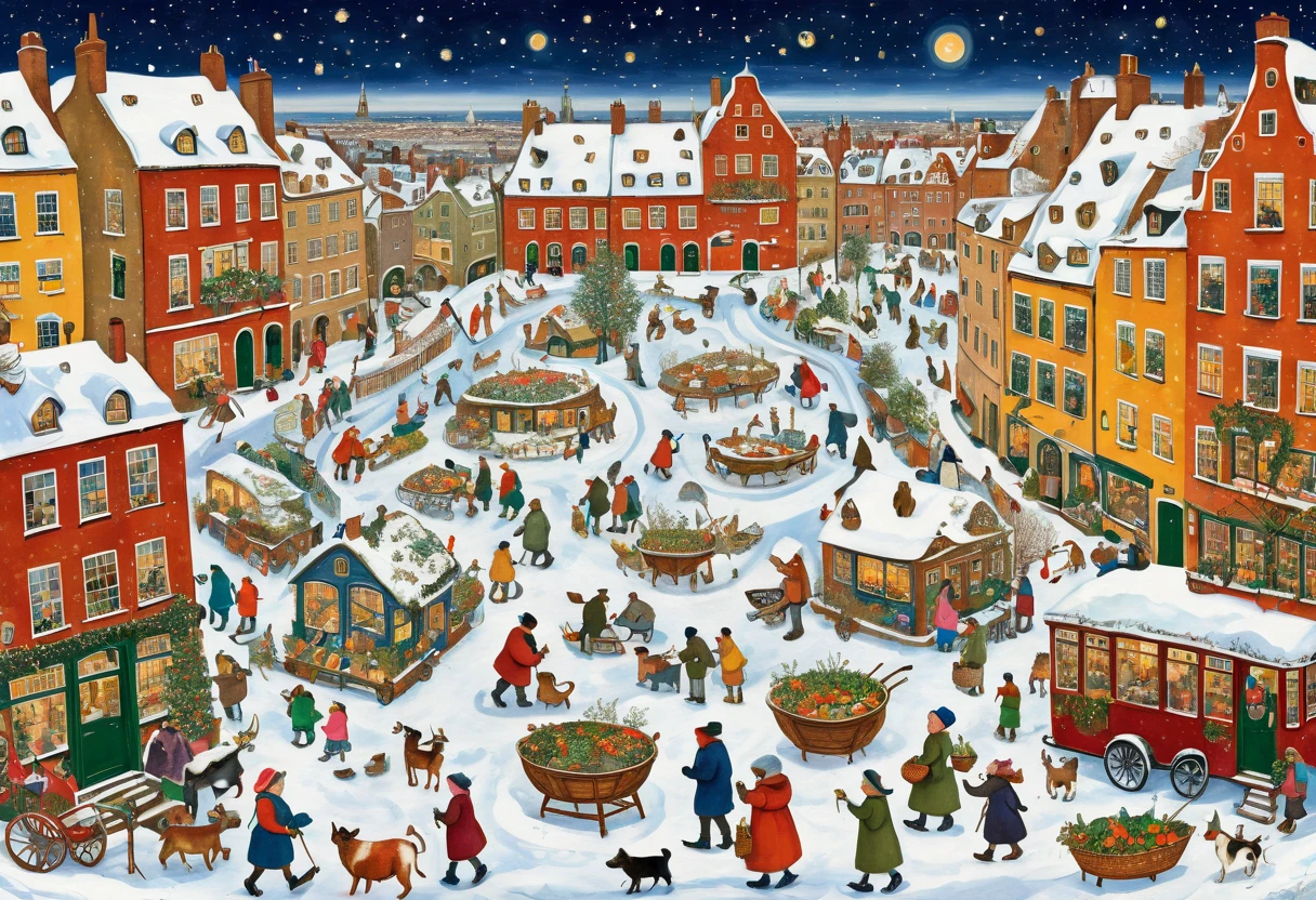  Picture of a City with People and Animals in the Snow , inspired Peter Prendergast ,  Senior Artist ,  Whimsical Art Melting in the Starry Sky , Explanatory art , Puzzle Art , Peter Prendergast ,  Peter Bruegel in a House with Lots of People  , Hendrick Avercamp, ,  Maurice Prendergast, a woman holding a bowl of vegetables and cooking at a table ,  Digital Art by  