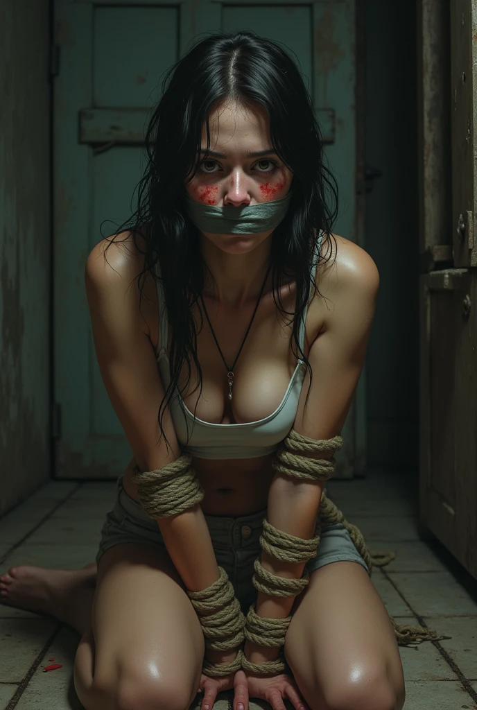 full body, bird's eye view,very cute japanese woman,Hanging from the ceiling with arms tied,open_mouth,large tears,crying,anger,shouting,bondage,shibari,bound,Clothing,tied up,rope,tape gagged,4K, 8K, (Masterpiece, best quality:1.2), perfect face,20years old,in dark changing room,flat chest,thin girl,skinny girl,slim girl,standingspreadeagle