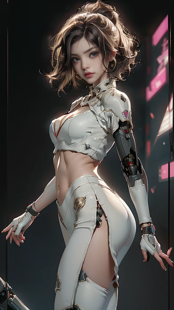 The face of a very cute human  girl in Cyberpunk City, Human torso,, Human abdomen, Human waist,  robot arm,  mechanical leg,  arms and legs have hard white shiny shells and black joints , Very beautiful and feminine , big butt , cleavage exposed ,  flat stomach display ,   black spherical joint ,  very stylish,  award-winning product design , shiny white metal breastplate opens in cleavage and abdomen ,  white metal buttocks are wrinkled , The armor is stylish, Illuminated trim、short bob haircut, medium breasts, messy hair,  sexy expression, tight fitting clothes, daring pose, detailed embroidery, midriff exposed,  (best quality), (ultra-detailed), (best illustration), (best shadow), ((High leg thong)),