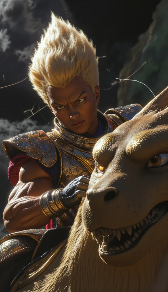 A close-up of a face of a man in a Dragonball saga sayajin Warrior uniform riding a dragon.