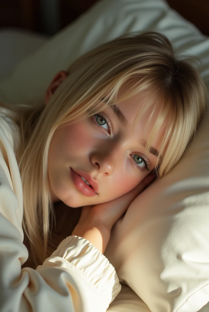 portrait photo of woman laying on her back wearing baggy shirt, high quality photograph, bokeh, gobo lights, rim light, warm ambient light, volumetric light, depth of field, analog, blond hair, perfect skin,