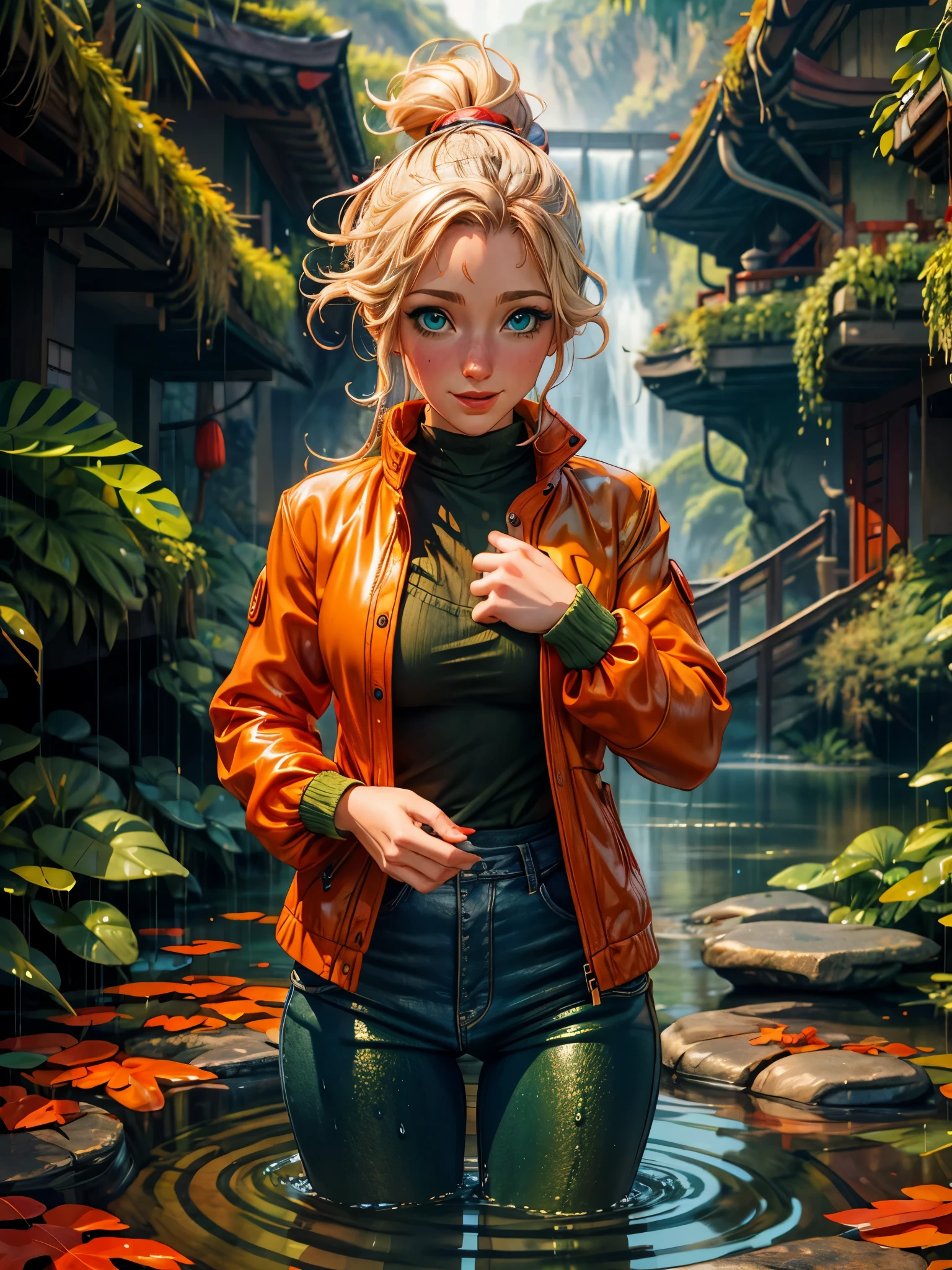 masterpiece, best quality, autumn outfit, colorful hair, outdoor,upper body, colorful autumnal clothes, ((fully clothed)), warm clothes, wet clothes, soaked, drenched, excited, wet hair, wet and slimy, water up to her chest, submerged, fantasy environment, fantasy chinese environment ,fantastical, vivid colors, varied poses, detailed green eyes, beautiful Asian girl, dia.zerva