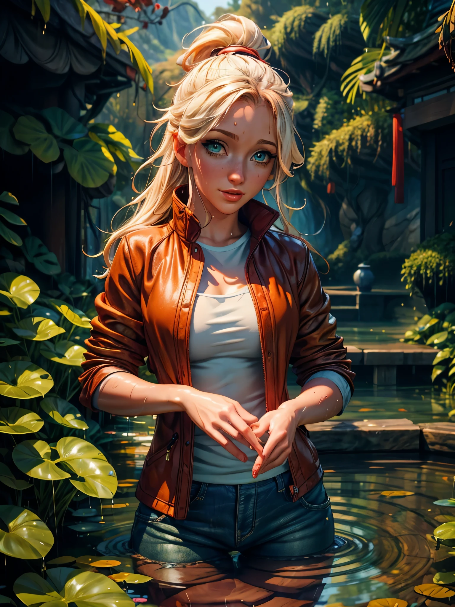 masterpiece, best quality, autumn outfit, colorful hair, outdoor,upper body, colorful autumnal clothes, ((fully clothed)), warm clothes, wet clothes, soaked, drenched, excited, wet hair, wet and slimy, water up to her chest, submerged, fantasy environment, fantasy chinese environment ,fantastical, vivid colors, varied poses, detailed green eyes, beautiful Asian girl, dia.zerva
