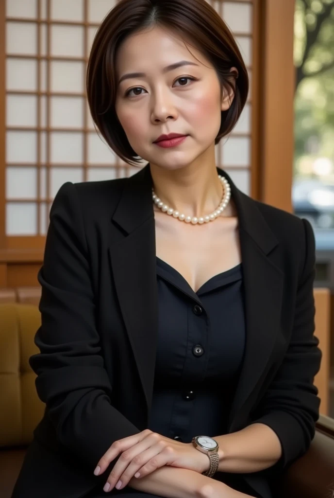 (( 1 woman , The most beautiful face in Japan ,40 years,,Mature Woman,Wrinkles on the outer corner of the eyes stand out , detailed face , short hair, staring at the camera,)),((((  black shirt ,Black suit jacket, black skirt ,Black mourning clothes)))),(( pearl necklace ,Classy hairstyle, Natural Makeup, my breasts are very bulging ,I'm showing a glimpse of my cleavage, large full breasts, black pantyhose with middle finger of left hand, Look at those naughty thighs ,Smile,  Saggy Eyebrows , stare at them with a cute expression, squats,Look at the white panties at the back of the skirt、Japanese-style room,Shoji screen,,Building Zuien, staring at the camera, camera ,)),((,Perfect means,Perfect Arms, Sensation  , top quality , Ultra Fine, perfect anatomy, high-definition RAW color photo staring at your feet, Professional Photo Shoot,  very delicate and beautiful,  very detailed, FINE DETAILS, highest image quality taken by Ki,8k, Award-winning works ,masterpiece)), from below、( anatomically correct :1.5)
