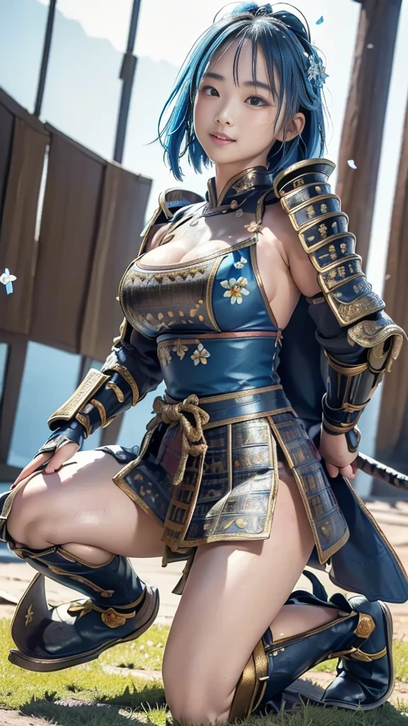  A young Japanese woman , warrior, Combat Stance, wielding a sword,  very detailedな, realisti,smile, ((  Looking at the Subject from Below :1.2)), ((Crouching and standing up,  feet :1.3)),  Brilliant Appearance , ,Creative Action,  extremely detailed, Imaginative,  sensual, spontaneous ,  top quality ,  skin texture, ((very short hair), (blue hair), blue eyes, 引き締まった体, huge breasts,(big breasts:1.5), Big Breasts,  plump thighs,  blue armor with forgotten grass pattern engraved ,blue leather samurai armor knight, bikini type design that emphasizes chest exposure ,((sideboob)),  wear a blue cloak with a don't forget grass flower pattern , ruffled skirt,  b blue shin guard engraved with forget grass pattern , Black high-leg underwear , White tights,  absolute domain,  Intricate Details , ((Blue sky and sunrise )), ((big forget-me-no petals background:1.6)), ((big forget-me-no petals:1.6)), ((big forget-me-no petals dancing in the wind:1.6)),( forget grass in full bloom ),( large forgotten grass in full bloom on the front), (confetti),  RAW photos , 8k, masterpiece,  top quality , Ultra Details, very detailed,  Intricate Details , high definition ,超 Intricate Details, very detailed 8k cg wallpaper,