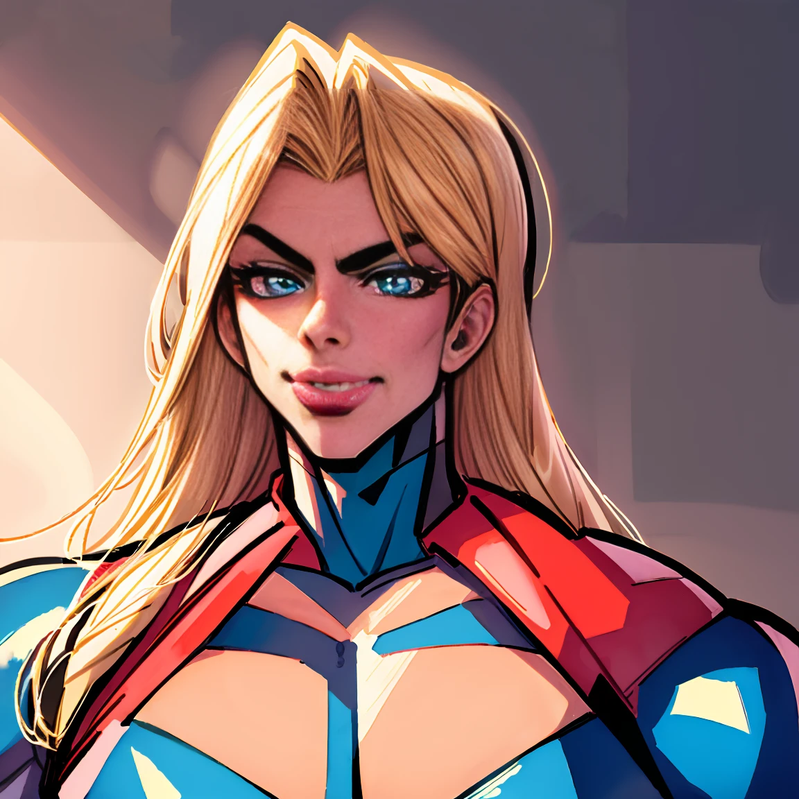1girl, samus aran, highly detailed eyes, intricate details, ((realistic)), round pupils, solo, blue eyes, blonde hair, ponytail, short hair, (zero suit), ((cartoon)), looking at viewer, smug, soft lighting, muscular female, forest,