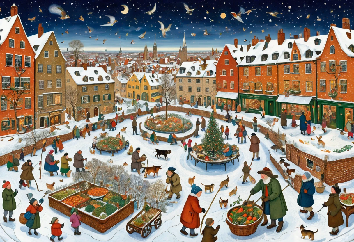  Picture of a City with People and Animals in the Snow , inspired Peter Prendergast ,  Senior Artist ,  Whimsical Art Melting in the Starry Sky , Explanatory art , Puzzle Art , Peter Prendergast ,  Peter Bruegel in a House with Lots of People  , Hendrick Avercamp, ,  Maurice Prendergast, a woman holding a bowl of vegetables and cooking at a table ,  Digital Art by  