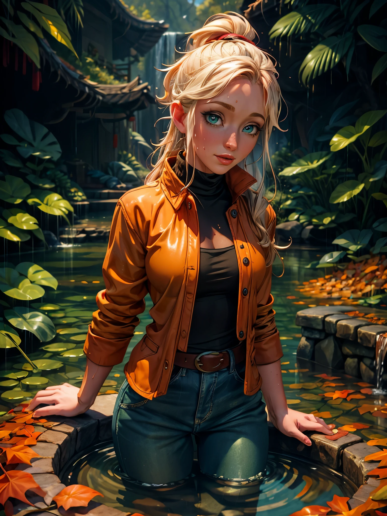 masterpiece, best quality, autumn outfit, colorful hair, outdoor,upper body, colorful autumnal clothes, ((fully clothed)), warm clothes, wet clothes, soaked, drenched, excited, wet hair, wet and slimy, water up to her chest, submerged, fantasy environment, fantasy chinese environment ,fantastical, vivid colors, varied poses, detailed green eyes, beautiful Asian girl, dia.zerva