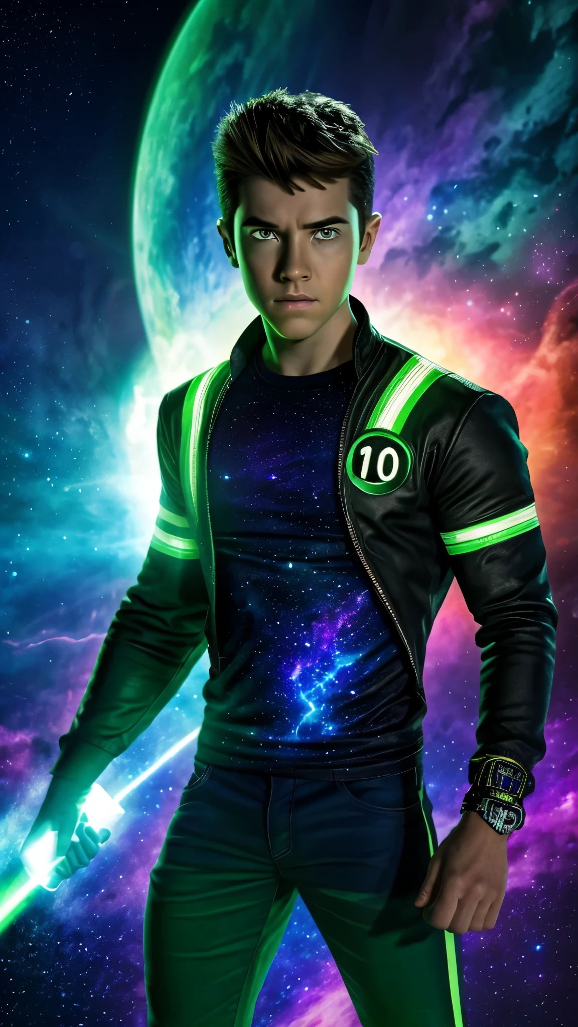 a highly detailed, cinematic, photorealistic portrait of Ben 10 standing in space, hyperrealistic, extremely detailed face and body, intricate textures, dramatic lighting, glowing energy effects, awe-inspiring cosmic background, volumetric atmosphere, cinematic composition, vibrant colors, epic scale, masterpiece