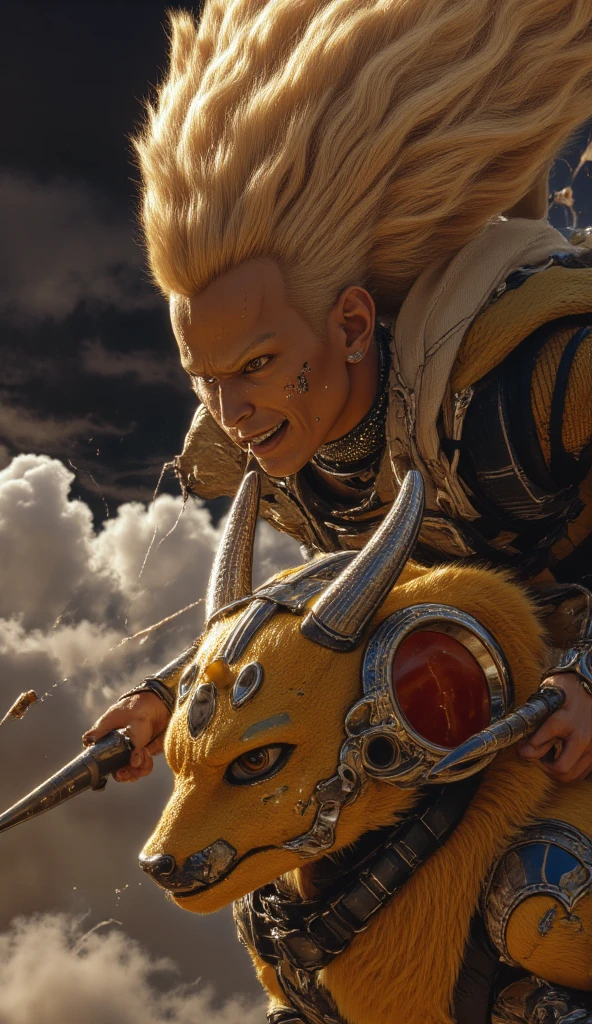 A close-up of a face of a man in a Dragonball saga sayajin Warrior uniform riding a dragon.