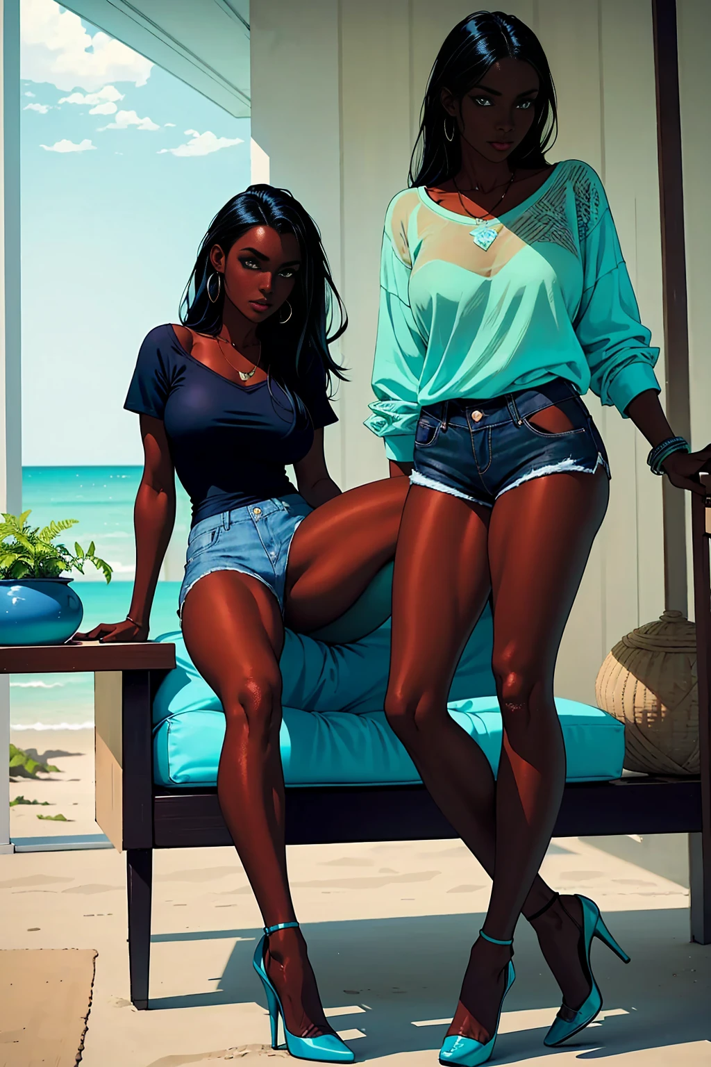 a group of women in luxury aesthetic, yacht, illustration, wealthy, goddess, glamour, elegant, classy, multiracial, 3D animation, fine details, vibrant colors, golden sunlight, gentle ocean breeze, captivating expressions, flawless skin, soft lighting, sparkling water reflections. black women, brown women, sitting on the front of a yacht, animation, in bikinis