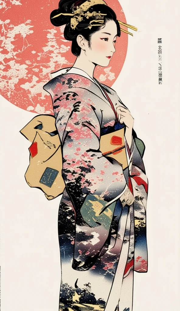 A ukiyo-e collage art of women in yukata. The backdrop of a scenic sakura forest in Japan inside the woman's silhouette. Background of japanese sakura design patterns.