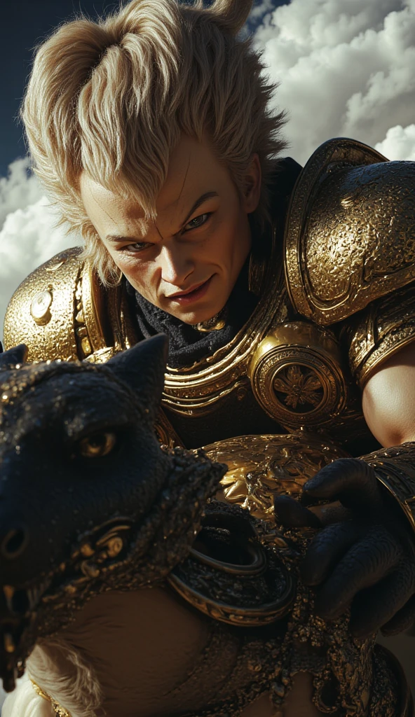 A close-up of a face of a man in a Dragonball saga sayajin Warrior uniform riding a dragon.