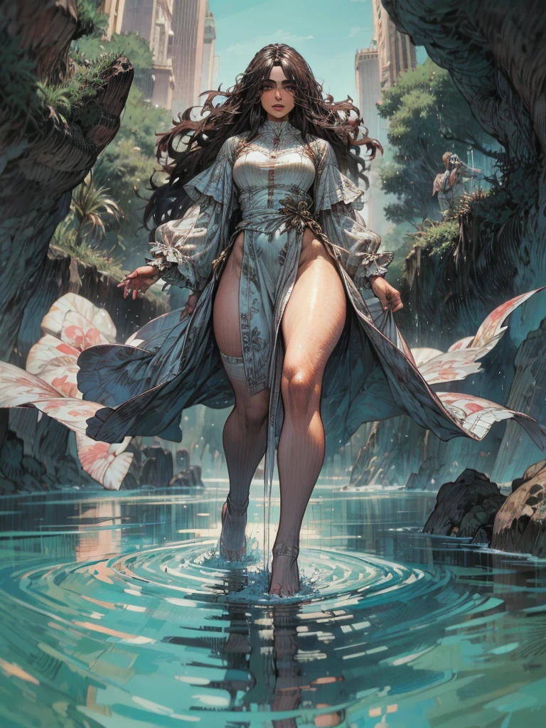 hyper-realistic depiction of a mysterious woman with flowing dark hair, olhos amarelos penetrantes,  and a delicate floral , walking on water ,  full body