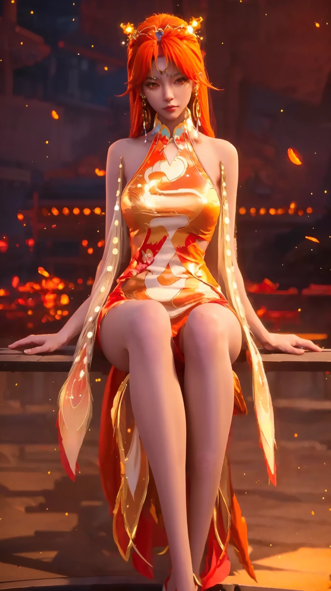 1girl, long hair, flower, Lisianthus, in the style of orange and light azure, dreamy and romantic compositions, orange, ethereal foliage, playful arrangements, fantasy, high contrast, ink strokes, explosions, over exposure, orange and white tone impression, abstract, attractive pose,,short hair,hair bun,