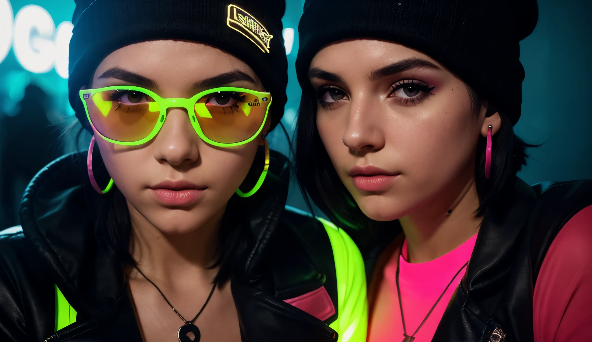 three kids girls in black leather jackets holding green lights and a green cup, next gen, green and black colors, green neon, powerpuff girls style, gen z, perfect android girl family, black and green, green and black, green glow, kids, music video, e-girl, e - girl, dark neon punk, high quality picture, new album cover