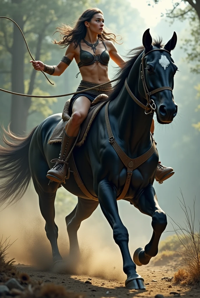 Panther Girl flogs and rides a big dark horse
