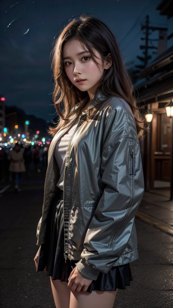 Beauty、 night view、nature、woman、  jacket、 skirt