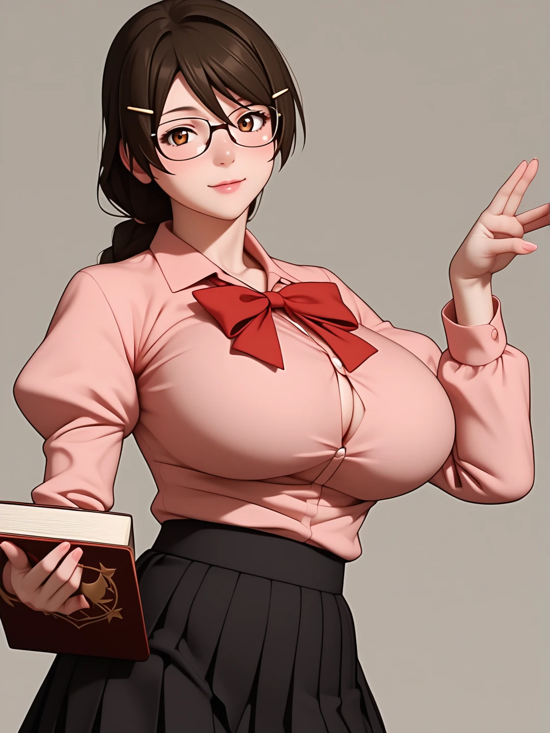  score_9,  score_8_up,  score_7_up,  score_6_up,   source_Anime, Anime_  STILLET STYLE ,   rating  _i doubt it, quality_  masterpiece  , Accurate_anatomy, Front Angle View ,  1 girl in uniform, Hanekawa, Big Breasts, ribbon, moreover _expensive_School_uniform, School uniform,   Long Sleeve  , puffy   Long Sleeve  ,   pink shirt ,   black skirt ,   Juliet skirt holding a book on her chest,   pleated skirt, clavicle,  I have glasses ,  holding a book on her chest ,   standing with different breasts ,   cute pose ,  plain background ,Busty, chewy boobs that are too big 