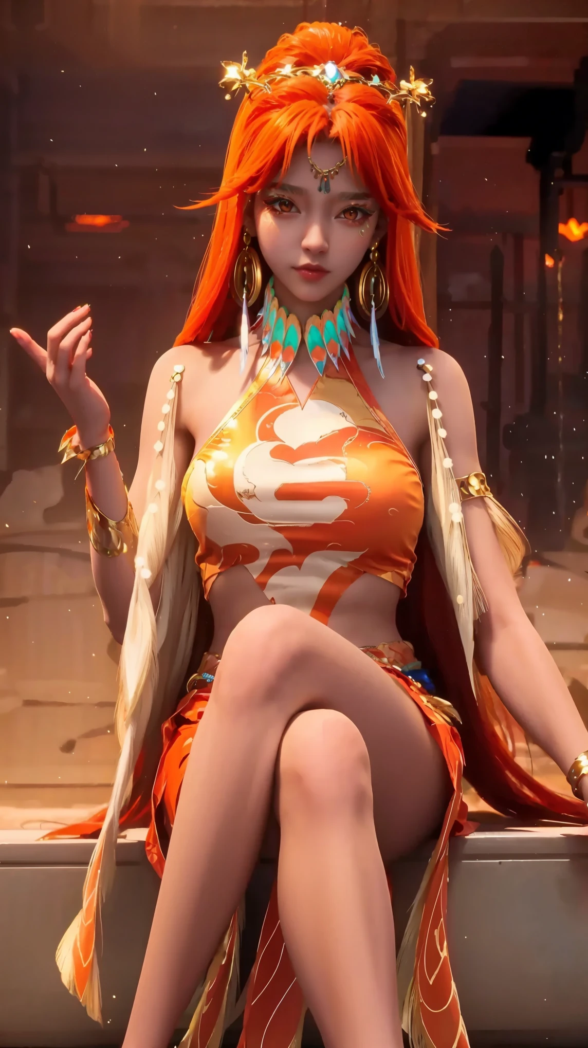 Young (princess), striking figure, long flowing ginger hair, wavy hairs, fair skin, freckles, kolito, innocent and (regal appearance), expressive green eyes are filled with a mix of curiosity and determination, her slender frame, elegant grace, vibrant orange kimono with white and black decorations, very long ((sleeves past fingers)), sleeves past wrists, cleavage, feather headdress
