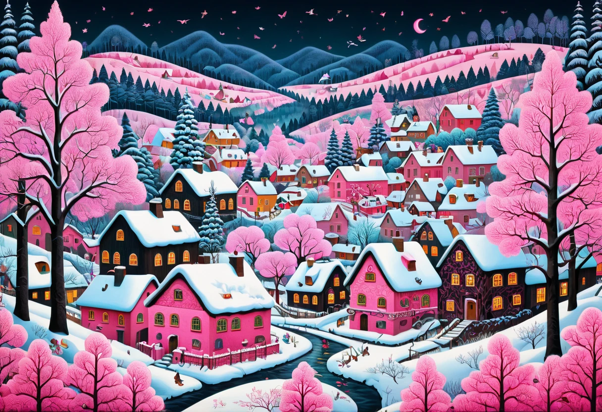   dark background inspired by basic color 、Lots of trees々A picture of a snowy village overgrown with,  Jane Newland ,  Jigsaw Puzzle , ,   naive art ,  winter landscape fantasy , Pink Forest, 2023 4k,  by Sophia Stryzhenska,  pink tree 々, Pieter Bruegel the Younger , , Wide scene, Village in the forest