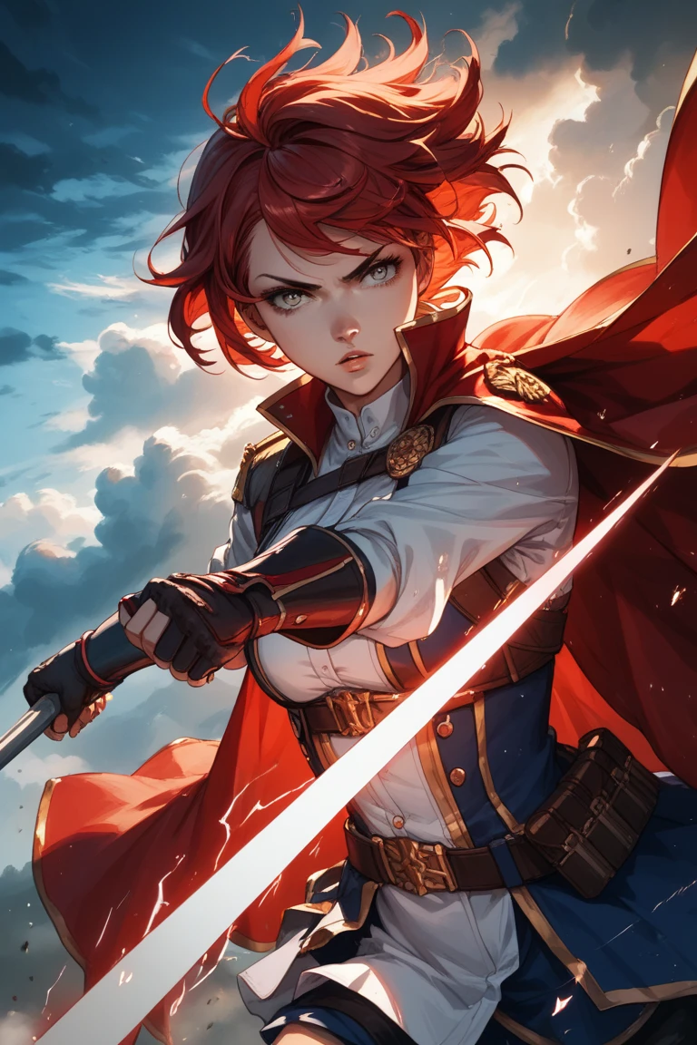 score_9, score_8_up, source_anime, anime, (battlefield:1.2), (stormy sky:1.2), 1girl, short red hair, intense expression, dynamic combat pose, glowing sword, flowing cape, dramatic lighting, high tension