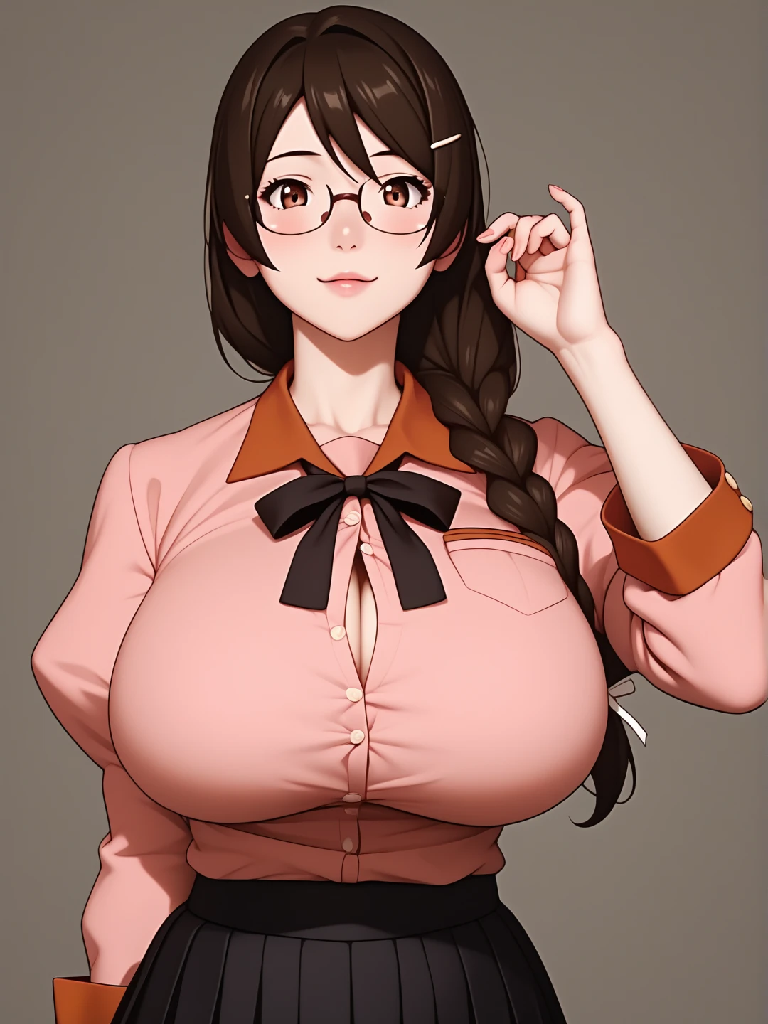  score_9,  score_8_up,  score_7_up,  score_6_up,   source_Anime, Anime_  STILLET STYLE ,   rating  _i doubt it, quality_  masterpiece  , Accurate_anatomy, Front Angle View ,  1 girl in uniform, Hanekawa, Big Breasts, ribbon, moreover _expensive_School_uniform, School uniform,   Long Sleeve  , puffy   Long Sleeve  ,   pink shirt ,   black skirt ,   Juliet skirt holding a book on her chest,   pleated skirt, clavicle,  I have glasses ,  holding a book on her chest ,   standing with different breasts ,   cute pose ,  plain background ,Busty, chewy boobs that are too big 