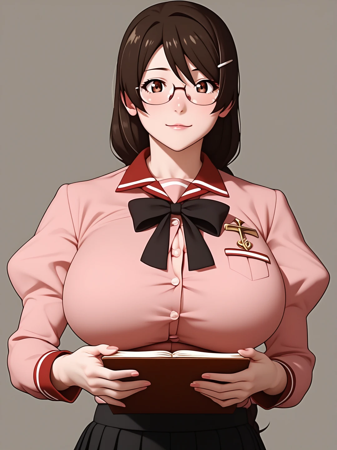  score_9,  score_8_up,  score_7_up,  score_6_up,   source_Anime, Anime_  STILLET STYLE ,   rating  _i doubt it, quality_  masterpiece  , Accurate_anatomy, Front Angle View ,  1 girl in uniform, Hanekawa, Big Breasts, ribbon, moreover _expensive_School_uniform, School uniform,   Long Sleeve  , puffy   Long Sleeve  ,   pink shirt ,   black skirt ,   Juliet skirt holding a book on her chest,   pleated skirt, clavicle,  I have glasses ,  holding a book on her chest ,   standing with different breasts ,   cute pose ,  plain background ,Busty, chewy boobs that are too big 