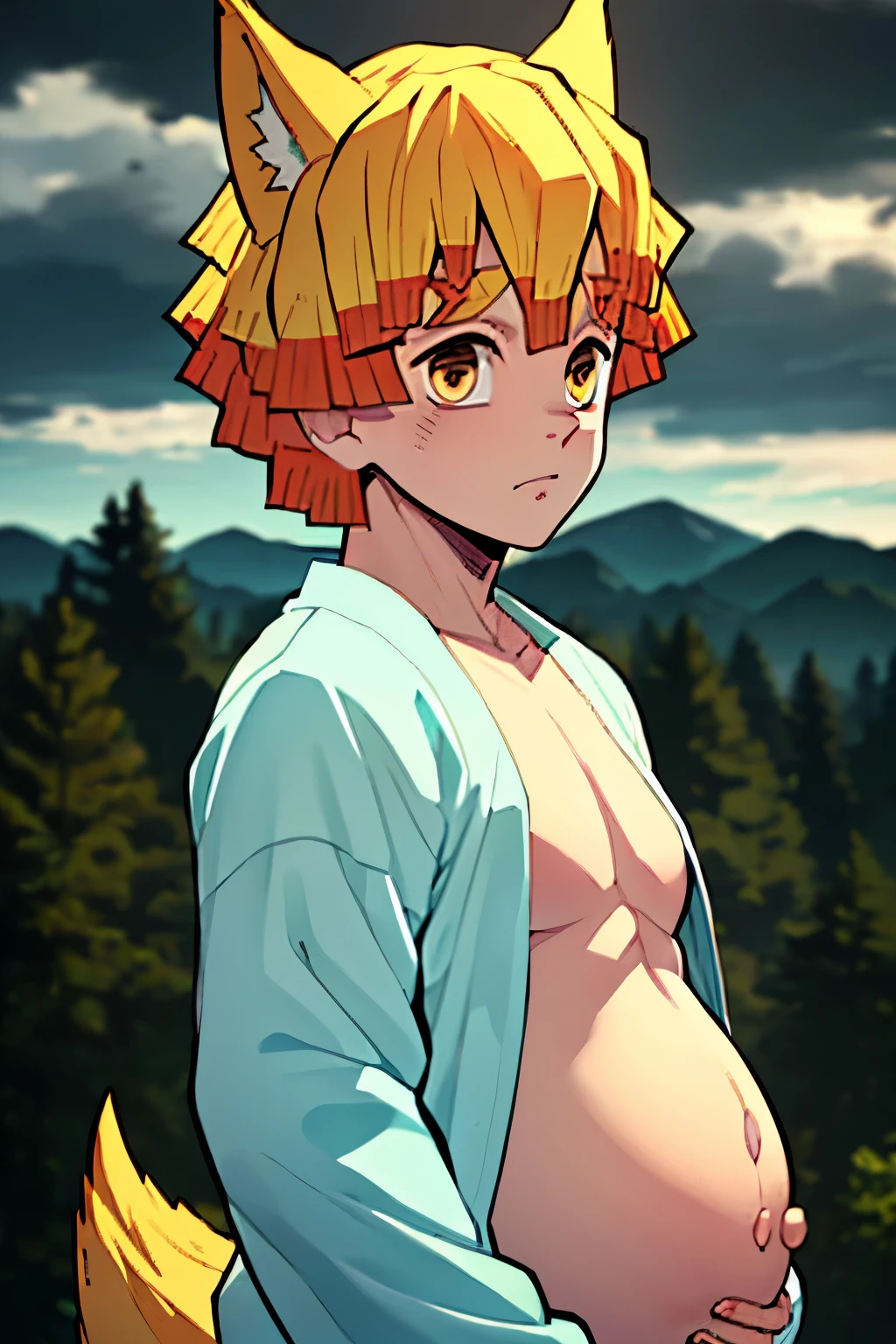 masterpiece, best quality, high quality, 1boy, solo, pregnant male, looking at viewer, upper body, agatsuma_zenitsu, blonde hair, yellow wolf ears and yellow wolf tail