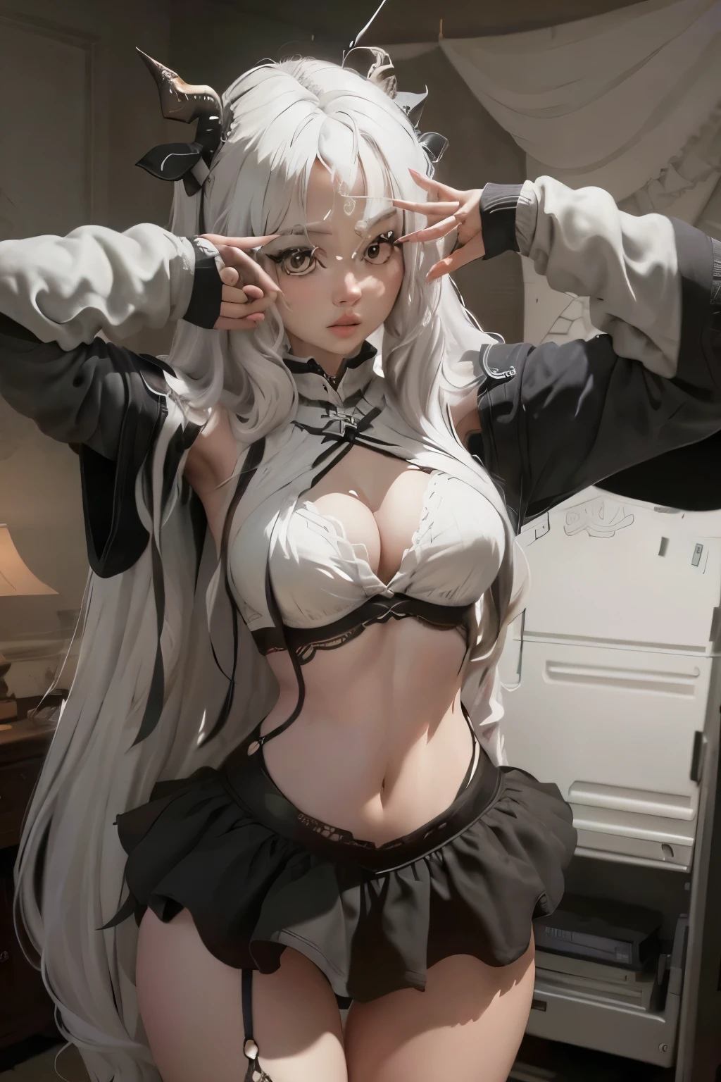  The character portrayed has a striking and unique appearance .  She has long, wavy white hair ,  that contrasts with darker skin . With horns that come out of her head ,  it suggests a possible influence of supernatural or mythological themes .

 Her facial expression is vibrant ,  transmitting an energy of emotion and freedom ,  as if she were stretching or freeing herself .  The upper part of the body is partially covered by a wide white sweater,  while the lower part shows black lingerie ,  evidencing a confident and daring posture . Furthermore,  there is a mandala detail in the hip area ,  that adds an artistic element to your presentation .

The background of the image is in neutral tones,  what helps highlight the character and her features .  The art style is modern and expressive ,  with a color palette that highlights her beauty and the visual impact of the scene .