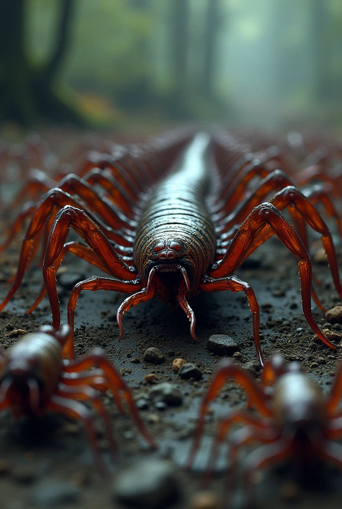 perspective, perspective, Giant horrific centipede with poisonous fangs attacks the camera,  Scolopendra, beetle-tarantula Cinematic, dramatic, an  ominous, Monstrous,((( The small human-shaped figure in the center、He is facing the monster in the center with his arms outstretched forward.))), wide scene, centipede, dozens of legs on one long centipede body, Ending, huge昆虫, Dripping Poison,  (A pair of symmetrical blade blades, Each side of the head、Located behind the eyes:1.2), Cinematic, real, evil, Mantis head, Hairy, Giant , huge, Glowing Eyes:1.4, Three bloody heads on the insect&#39;s neck, Thorn, A pair of claws