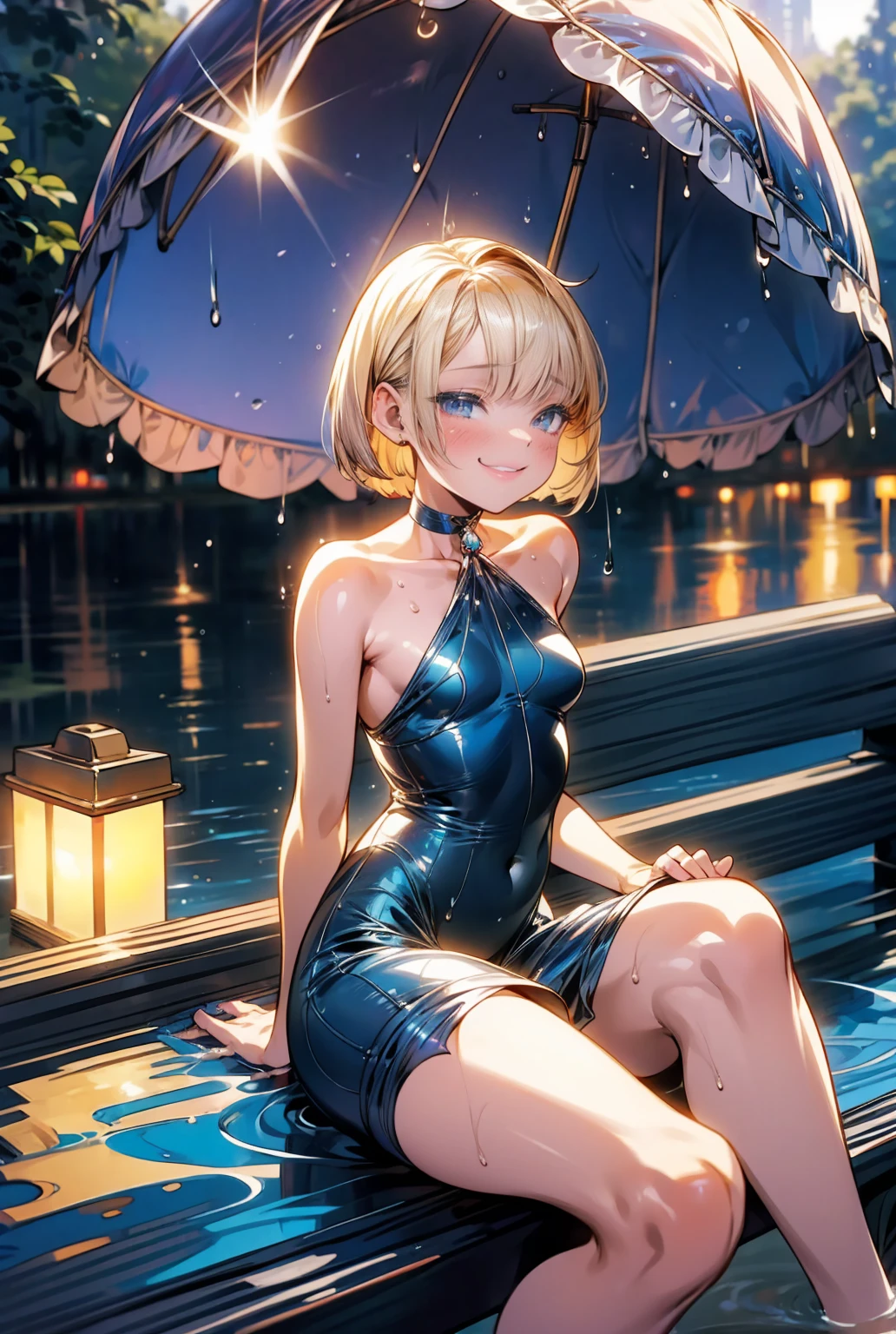 (masterpiece:1.5), very detailed face and eyes, (Photorealsitic:1.2)、 (FULL BODYSHOT:0.5)、ultra-quality、ultra-detailliert、Perfect drawing、animesque、charming anime girls,、beautiful alluring anime woman、Smooth Anime CG Art、独奏、1girl in、Naked Beauty、(jeanne d'arc (Fate Grand Order))、cowboy shot、(frombelow:1.5)、posture with protruding chest,、(standing with her legs wide open)、(Opening legs:1.5)、((middlebreast:2.0))、(((tank top bikini)))、thin cloth、navy blue、bare-legged、(No panties 、No bra)、embarassed expression、Blue eyes、Moisturized eyes、red blush、Light from the front、Right ahead、clearface、The pubic area is clearly visible、((Areola showing through))、((Sweat))、slender、((a blond))、Sexy face、Open mouth、((Layered Hair Style、Medium Breath:1.2))、(short-hair)、The angle of movement、Sense of speed、lumnious、(deep in the night)、Skyscrapers、(in poolside)、On the roof of the school building、Poses to show off、(sunny sky)、Accurate drawing、meticulous drawing、Beautiful background、Urban cityscape、Motion blur effect