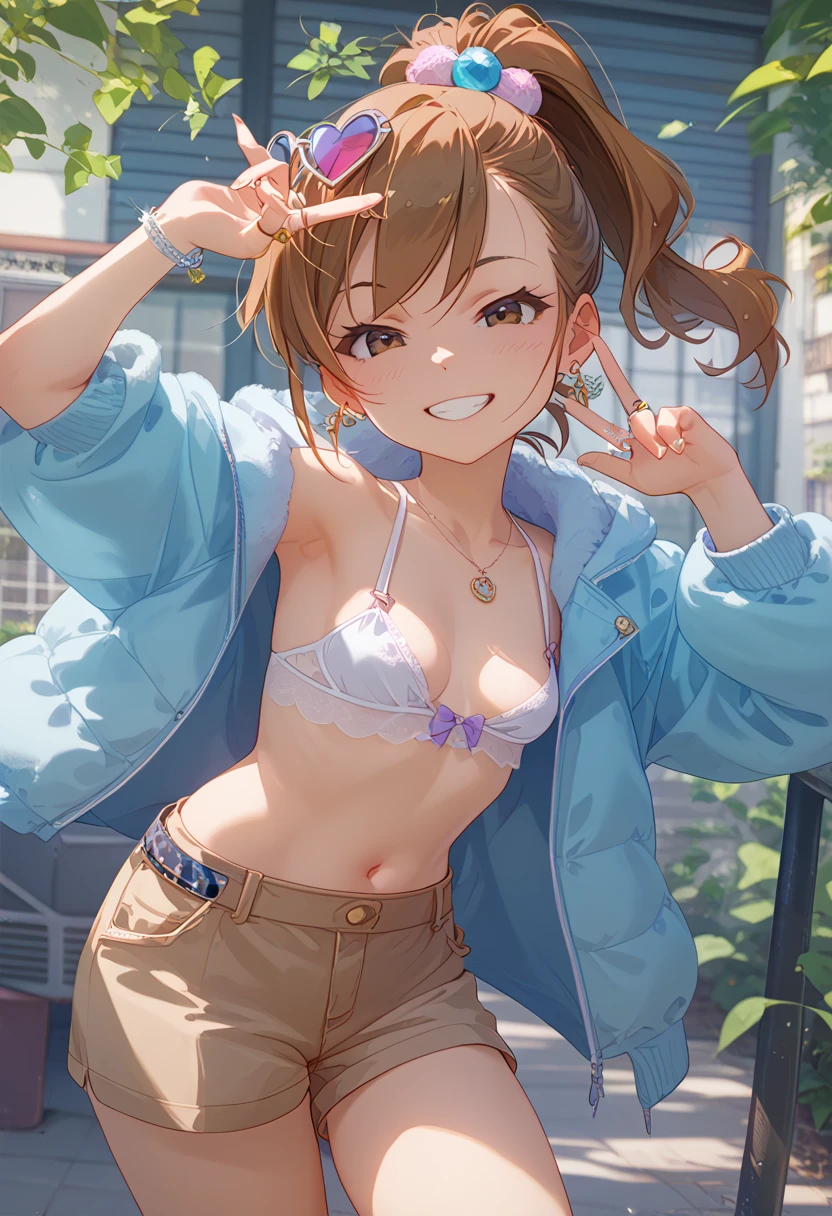 (( small breasts))、Futami Mami 、Brown Hair、 long ponytail、 light clothing、 Shorts 、 widens crotch 、 squats、Make rings with your fingers in your mouth、 naughty smile