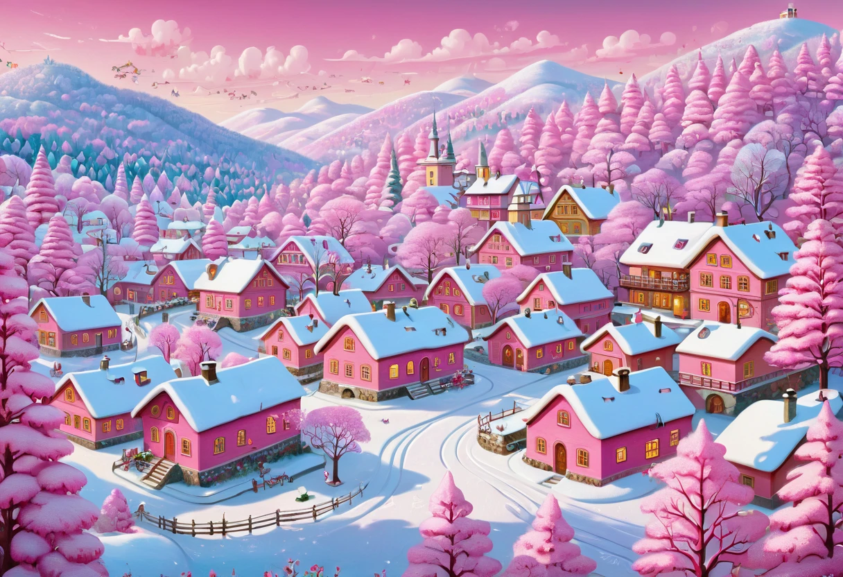  Picture of a snowy village with lots of trees ,  Sophia Stryenska Jigsaw Puzzle ,   CG Society Contest Winner  , ,  Jane Newland , Winter landscape fantasy, Pink Forest, 2023 4k,  pink tree 々, Wide scene, Village in the forest, in Pink Forest,  Holiday Season , Winter landscape, Cottage Town