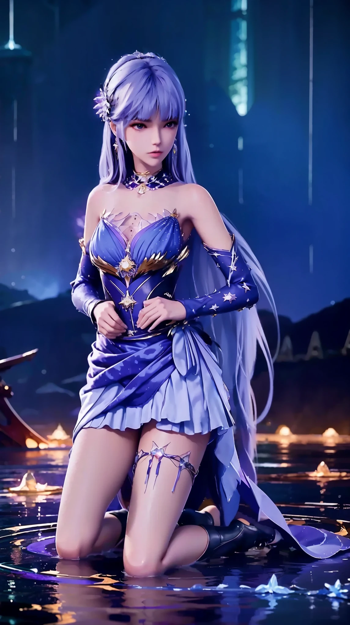Ultra HD、A beautiful blue-haired character、Cute big eyes、Red burning cheeks、Night scene with starry sky background、Wearing a gorgeous dress、Subtle details、A fantastic atmosphere、Anime style、prayer pose