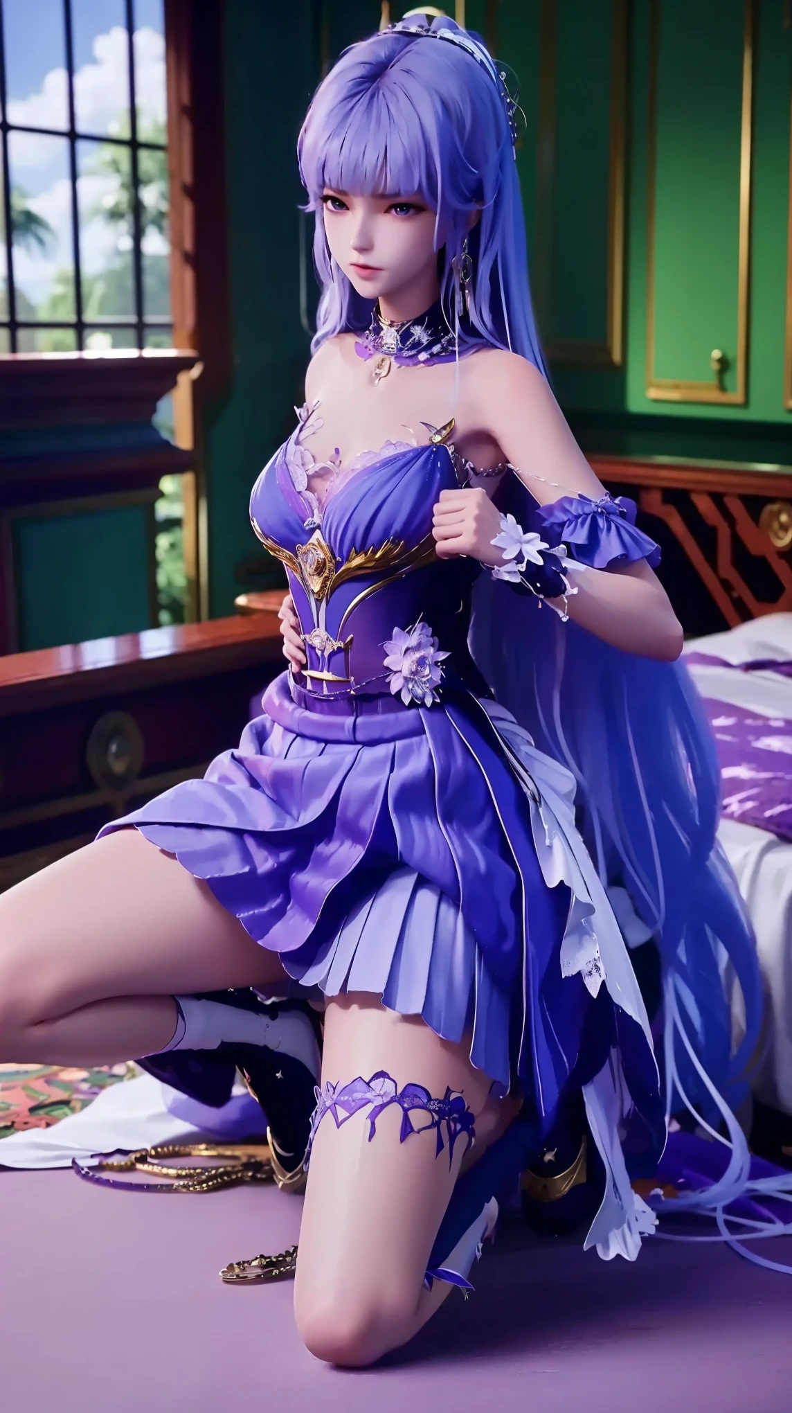 Girl, silver and violet uniform, violet hair, wear tiara, wear glove, detailed hand, round face, detailed face, parted lips, smile, picture form top to knee, sexy pose, big chest, look at camera, camera from top to bottom, detailed, photorealistic, best quality, night sky background