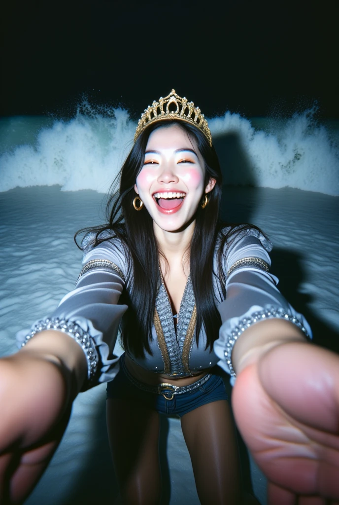  close-up picture . A Taiwanese woman in a frozen shirt.  silver , cuffs, collar,  with gold crown intricately carved .  in front of the camera . Elegant elegant aesthetic style . nice detail .  And nice .  On The Rock. . Mixed expressions of delight and exaggerated laughter . Arms straight to the fore  .  Hands crash into front of the camera directly. White waves crashing her from behind .  Background in the middle of the blue sea waves flying in the air. No light Dark night . °mix4 , 20d,hyper-realistic:1.37),16K HD.  and her expression a mixture of shock and humor .  in a realistic style ,  but the scene has a funny comic effect and exaggeration adds to the humor of the situation. 