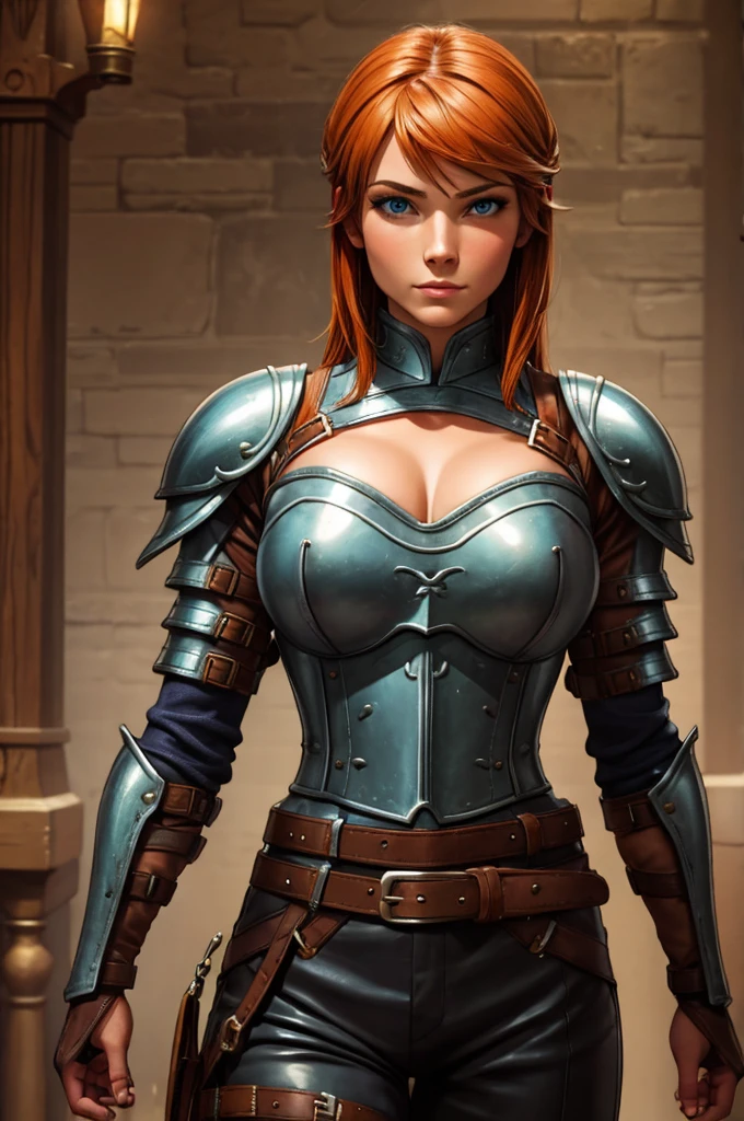 sexy female gladiator, wearing armour, heavy armour, cowboy shot, red hair, ripped, voluptuous