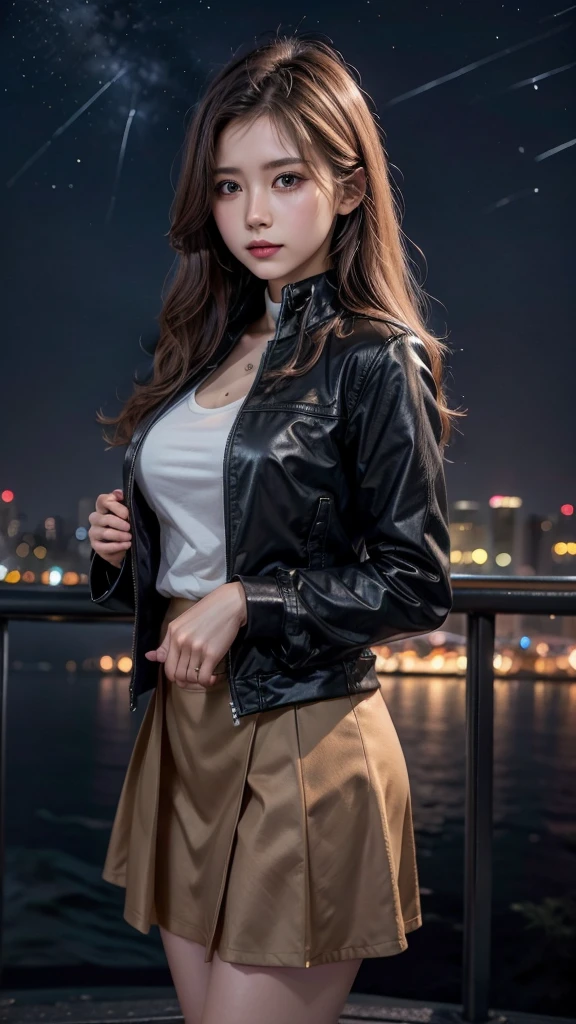 Beauty、 night view、nature、woman、  jacket、 skirt