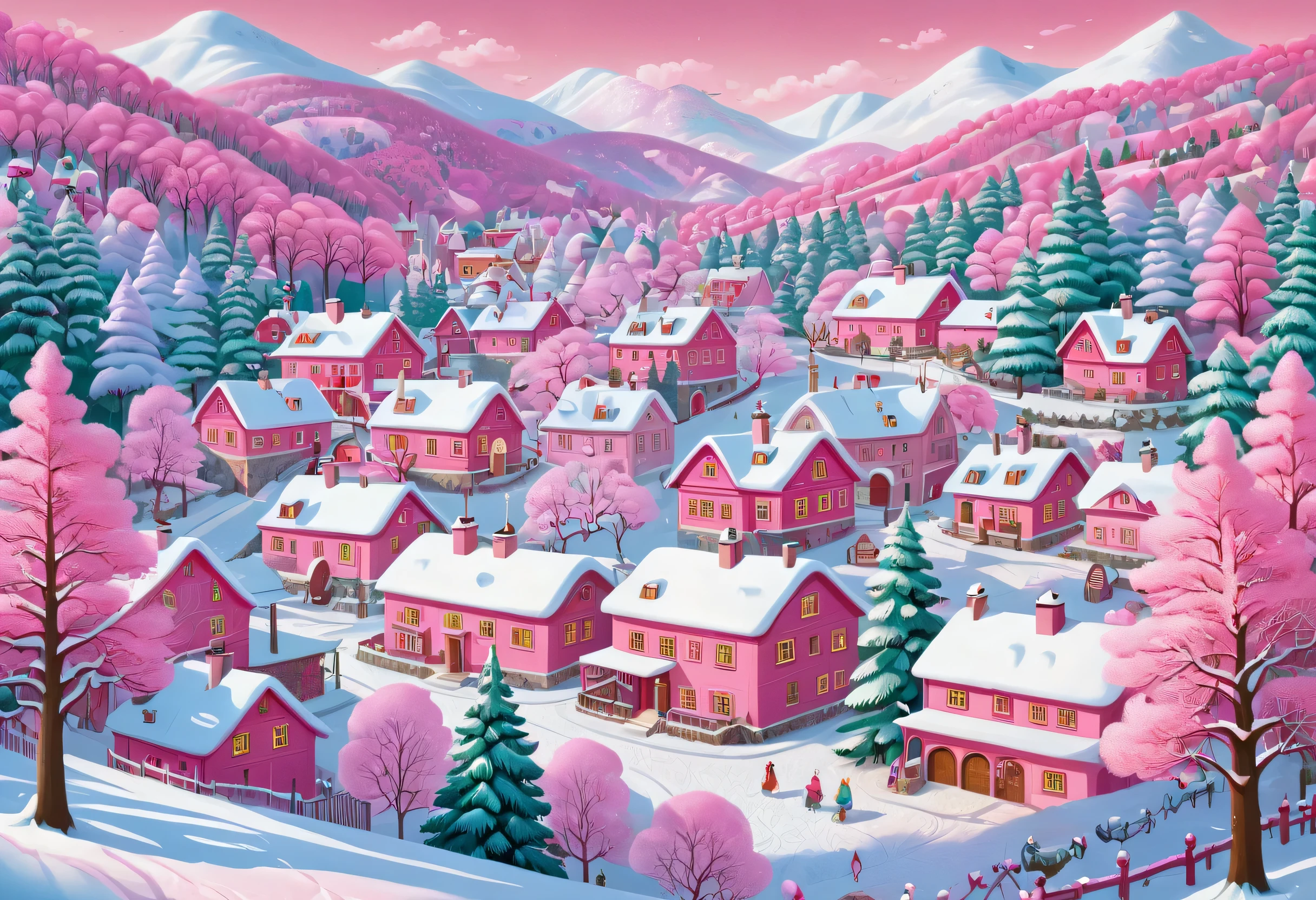  Picture of a snowy village with lots of trees ,  Sophia Stryenska Jigsaw Puzzle ,   CG Society Contest Winner  , ,  Jane Newland , Winter landscape fantasy, Pink Forest, 2023 4k,  pink tree 々, Wide scene, Village in the forest, in Pink Forest,  Holiday Season , Winter landscape, Cottage Town