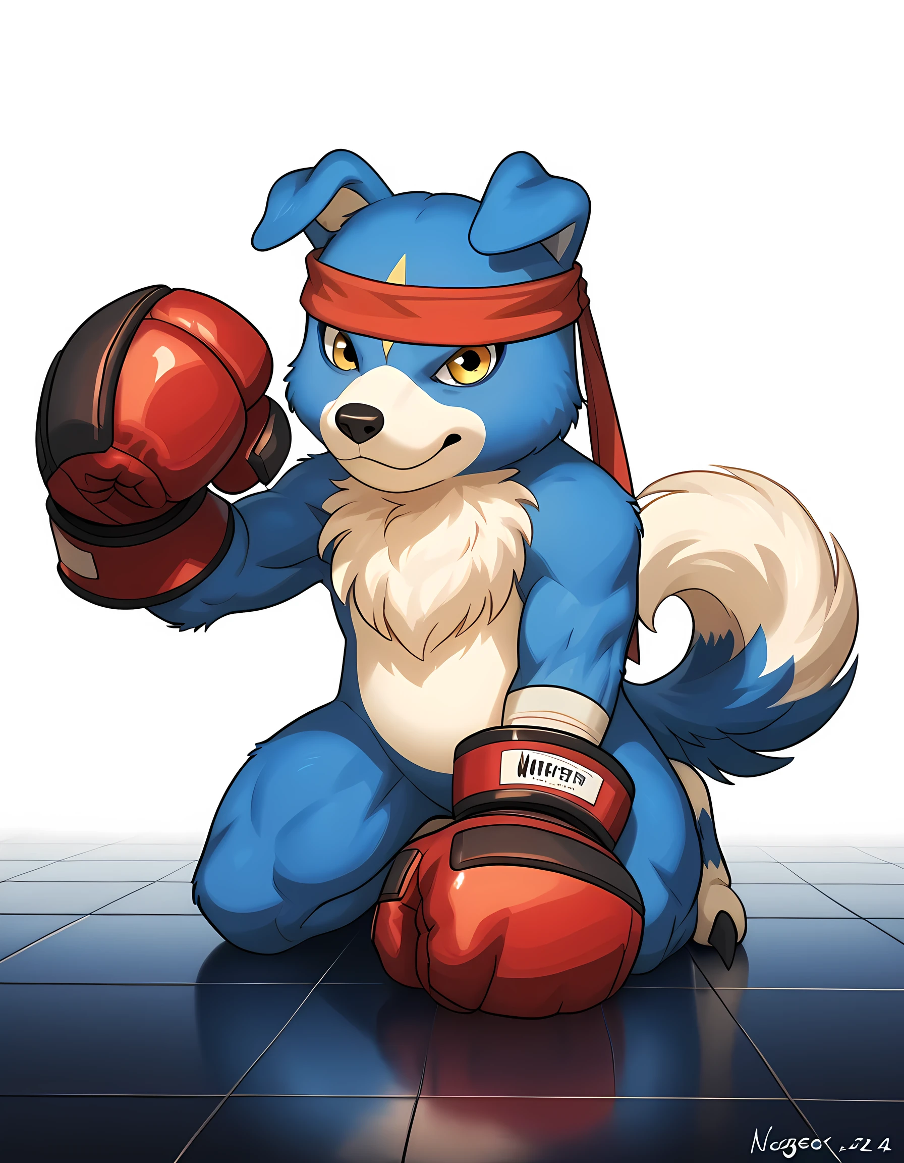 source_anime, cartoon, gaomon (character), digimon (creature), dog boy, blue body, headband, yellow eyes, boxing gloves, white background, detailed, (cel shaded, flat colors):1.5, full body, by wfa, by negger, kneeling, fists against floor, confident, strong posture, bicep, muscular, very muscular, flexing bicep