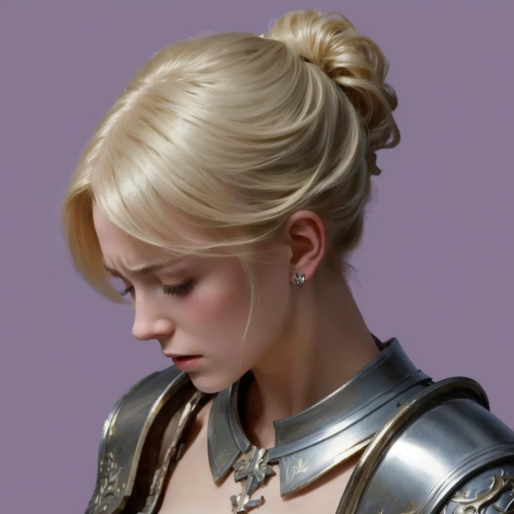 Masterpiece, Extremely beautiful female knight, Frightened, Terrified, closed eyes. grimace, Crying, Solid gray background, Blonde hair