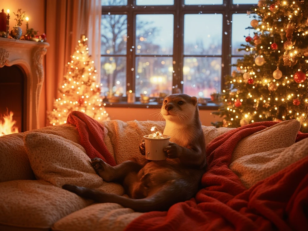 A warm and festive living room decorated for Christmas. A playful otter is lounging on a plush couch, surrounded by cozy blankets and pillows. The room glows with the soft light of a crackling fireplace and a beautifully adorned Christmas tree, complete with shimmering ornaments and twinkling fairy lights. The otter is holding a steaming mug of hot chocolate with marshmallows, sitting upright with its tail curled comfortably. Snow falls gently outside the frosted window, adding to the serene holiday ambiance. The scene radiates charm and festive cheer.